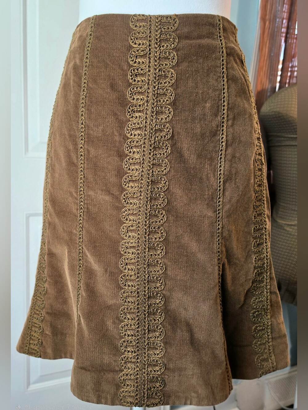 Y2K Boden Boho Corduroy A Line Flared Skirt Womens 6P Brown Lace-Trim Accents